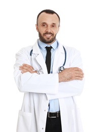 Photo of Portrait of male doctor isolated on white. Medical staff