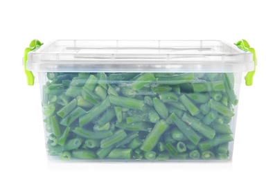 Photo of Plastic container with frozen green beans on white background. Vegetable preservation