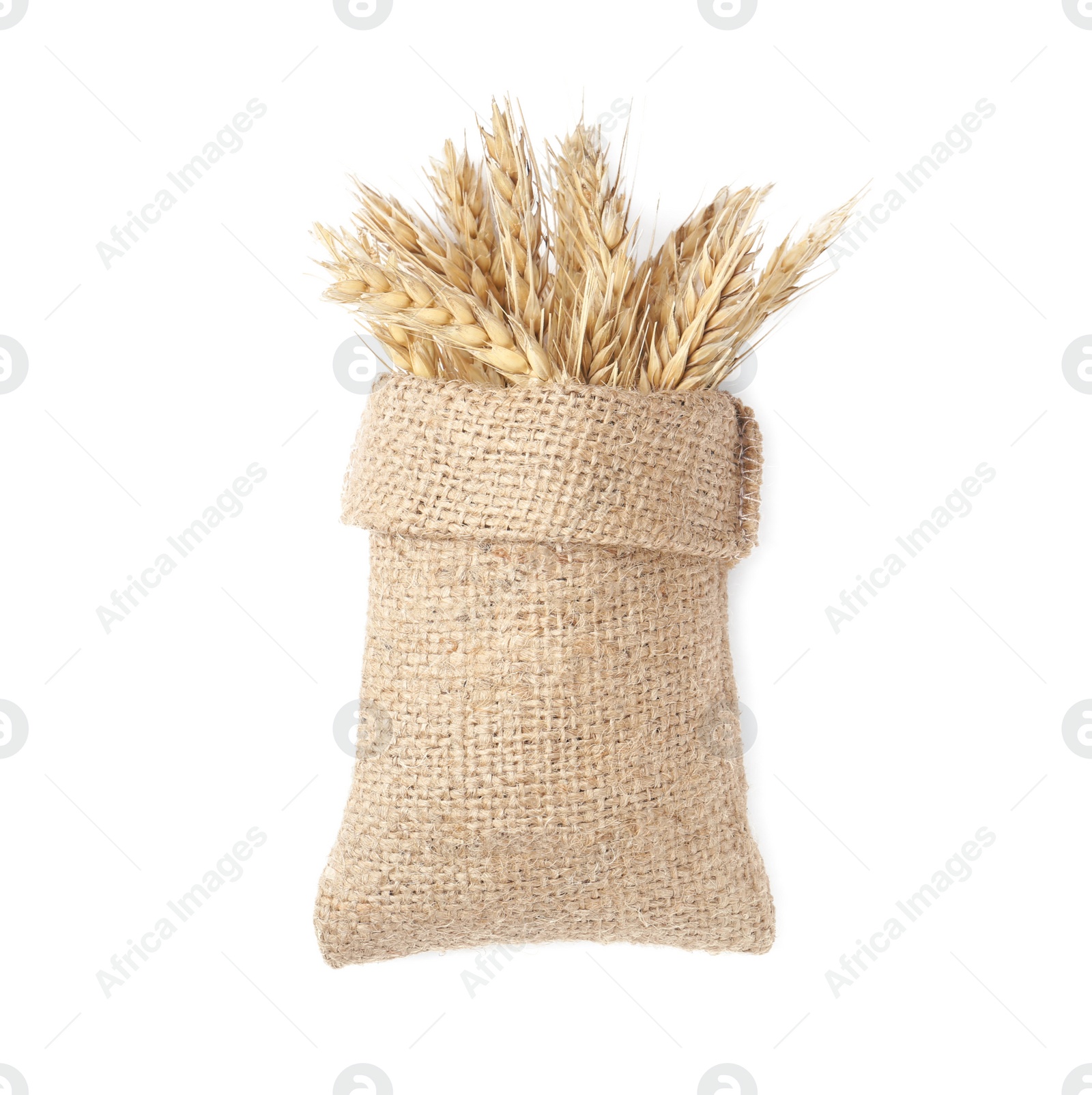 Photo of Sack with ears of wheat on white background, top view