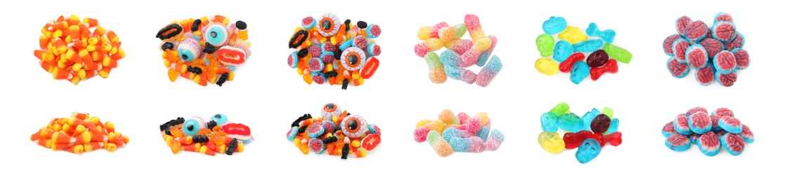 Image of Piles of chewy candies for Halloween isolated on white. Collage with top and side views