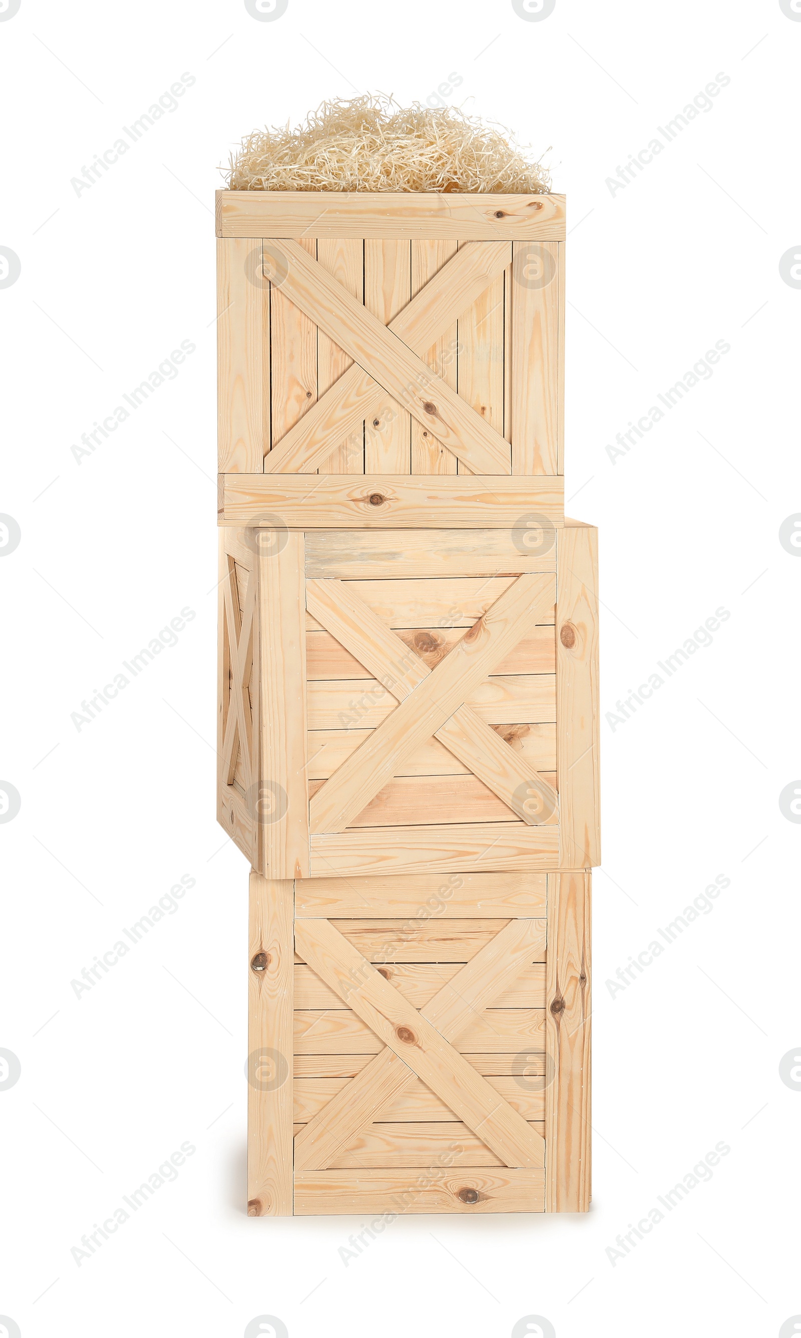 Photo of Wooden crates on white background. Shipping containers