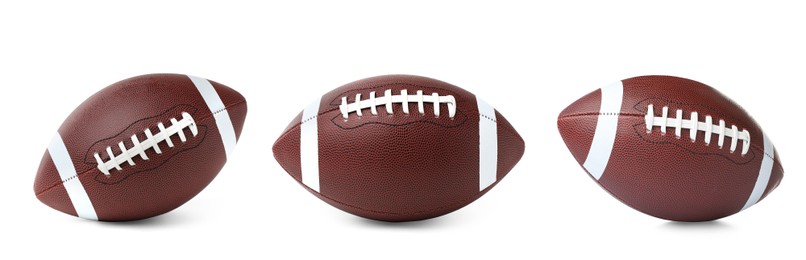 Image of Set with leather American football balls on white background, banner design. Football equipment