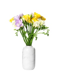 Bouquet of fresh freesia flowers in vase isolated on white