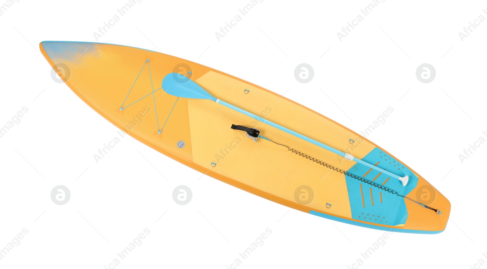 Photo of One SUP board isolated on white, top view. Water sport