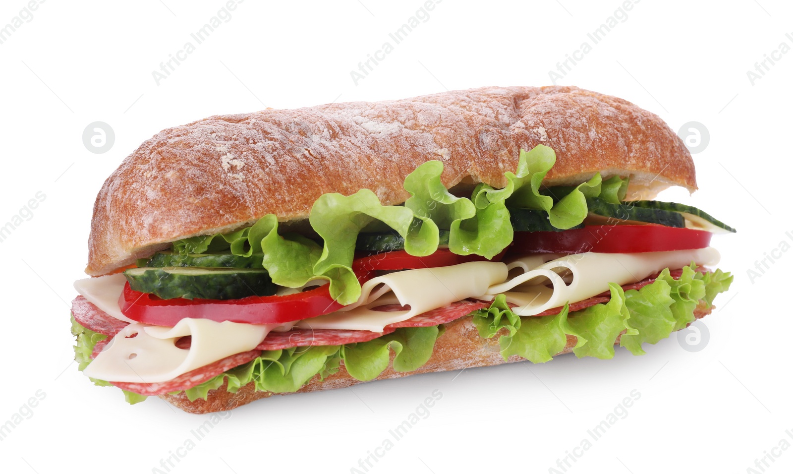 Photo of Delicious sandwich with fresh vegetables, cheese and salami isolated on white