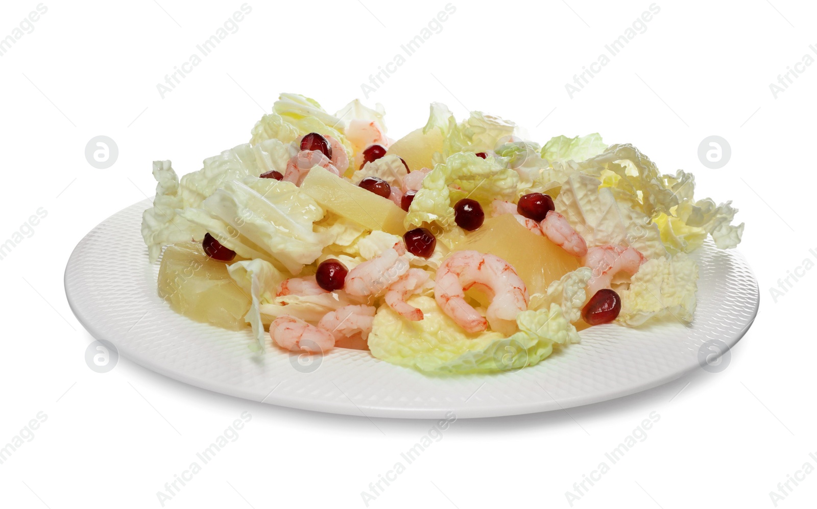 Photo of Delicious salad with Chinese cabbage, shrimps and pineapple isolated on white