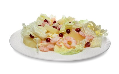 Photo of Delicious salad with Chinese cabbage, shrimps and pineapple isolated on white