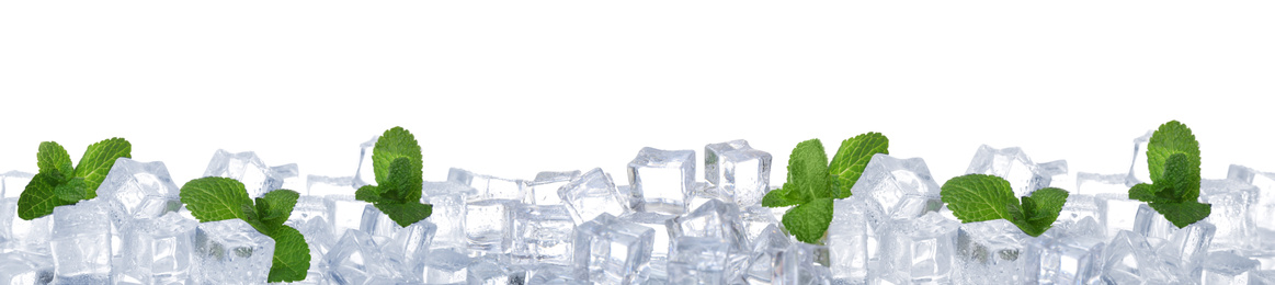 Image of Ice cubes and mint on white background. Banner design 