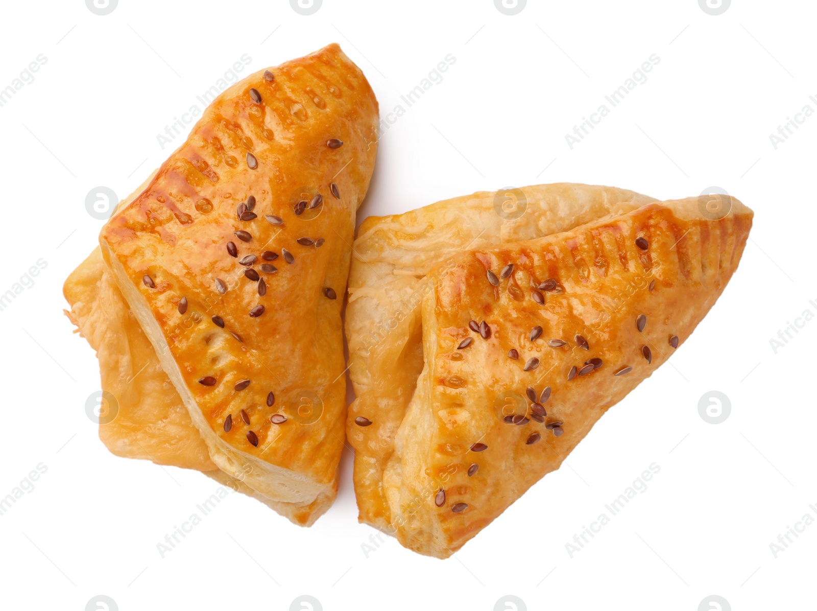 Photo of Fresh delicious puff pastry with cheese on white background, top view