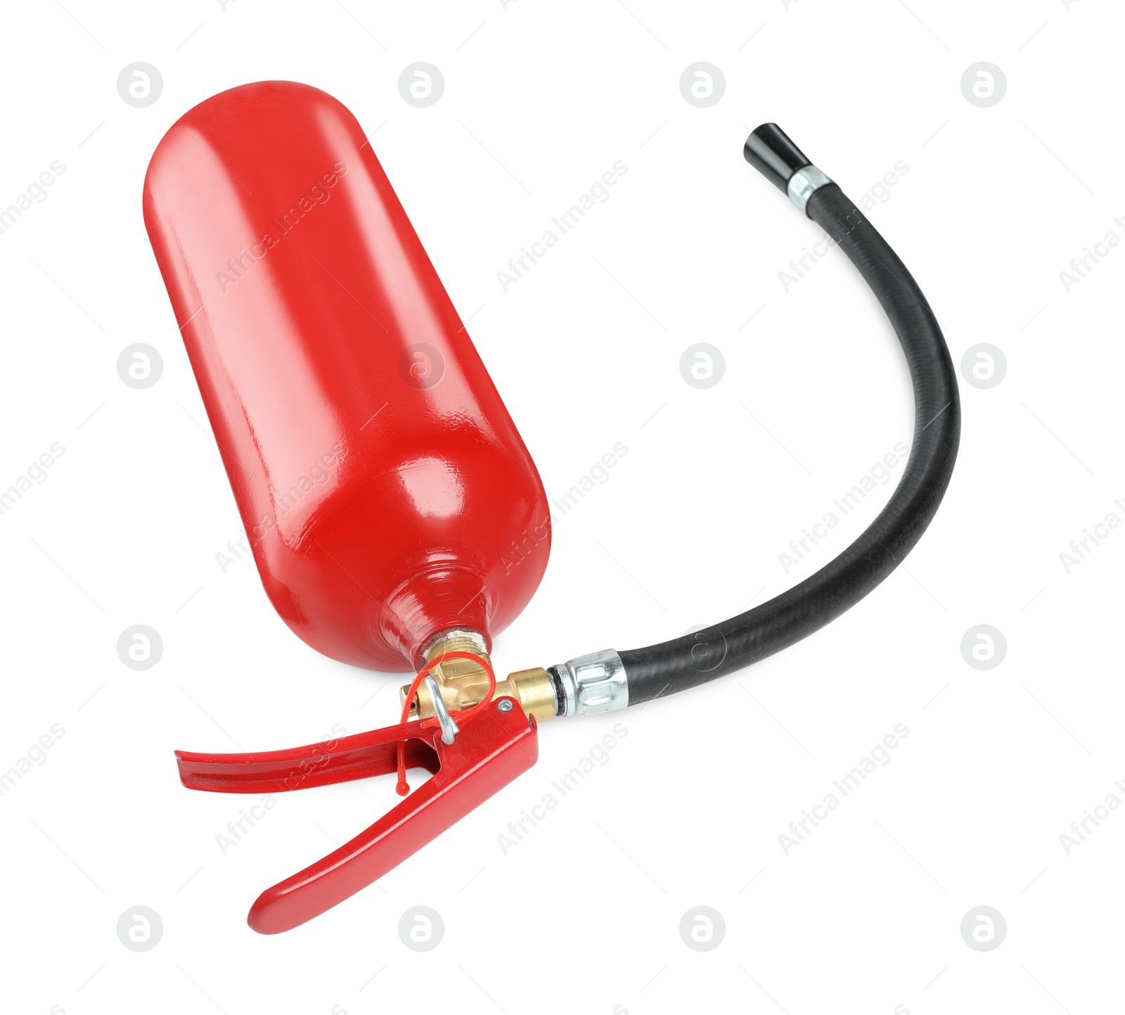 Photo of One red fire extinguisher on white background