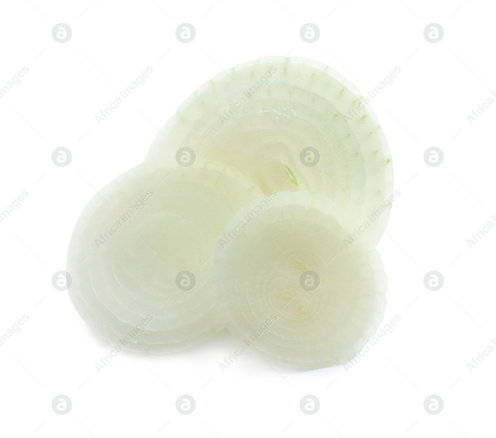 Photo of Slices of fresh ripe onion on white background