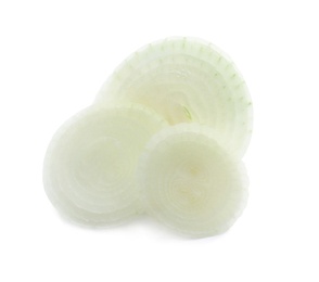 Slices of fresh ripe onion on white background