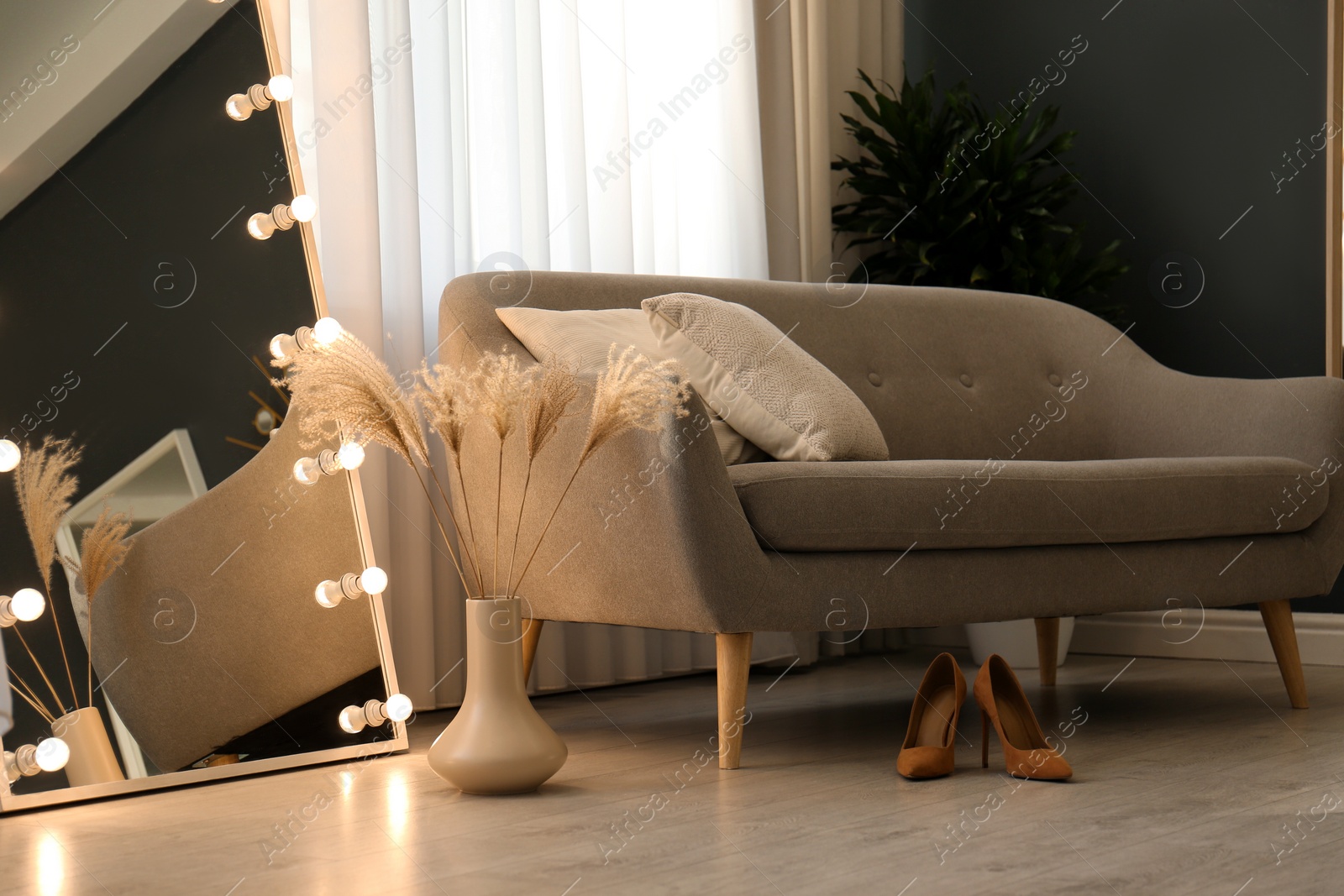 Photo of Vase with dry plants on floor in living room. Interior design