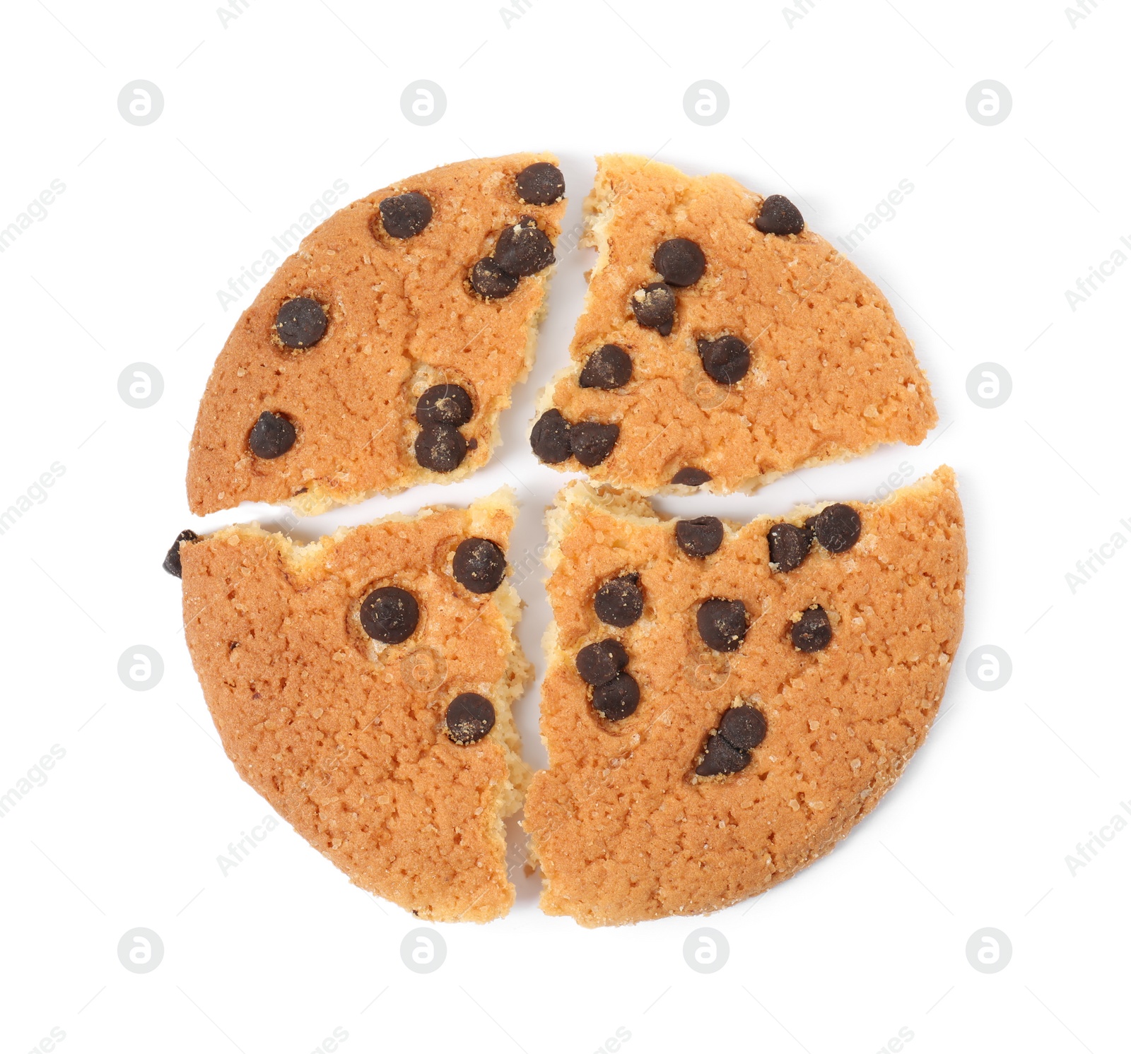 Photo of Broken chocolate chip cookie on white background, top view