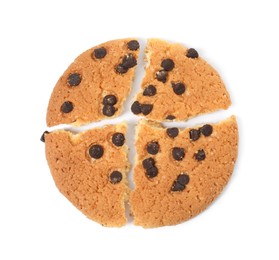 Photo of Broken chocolate chip cookie on white background, top view