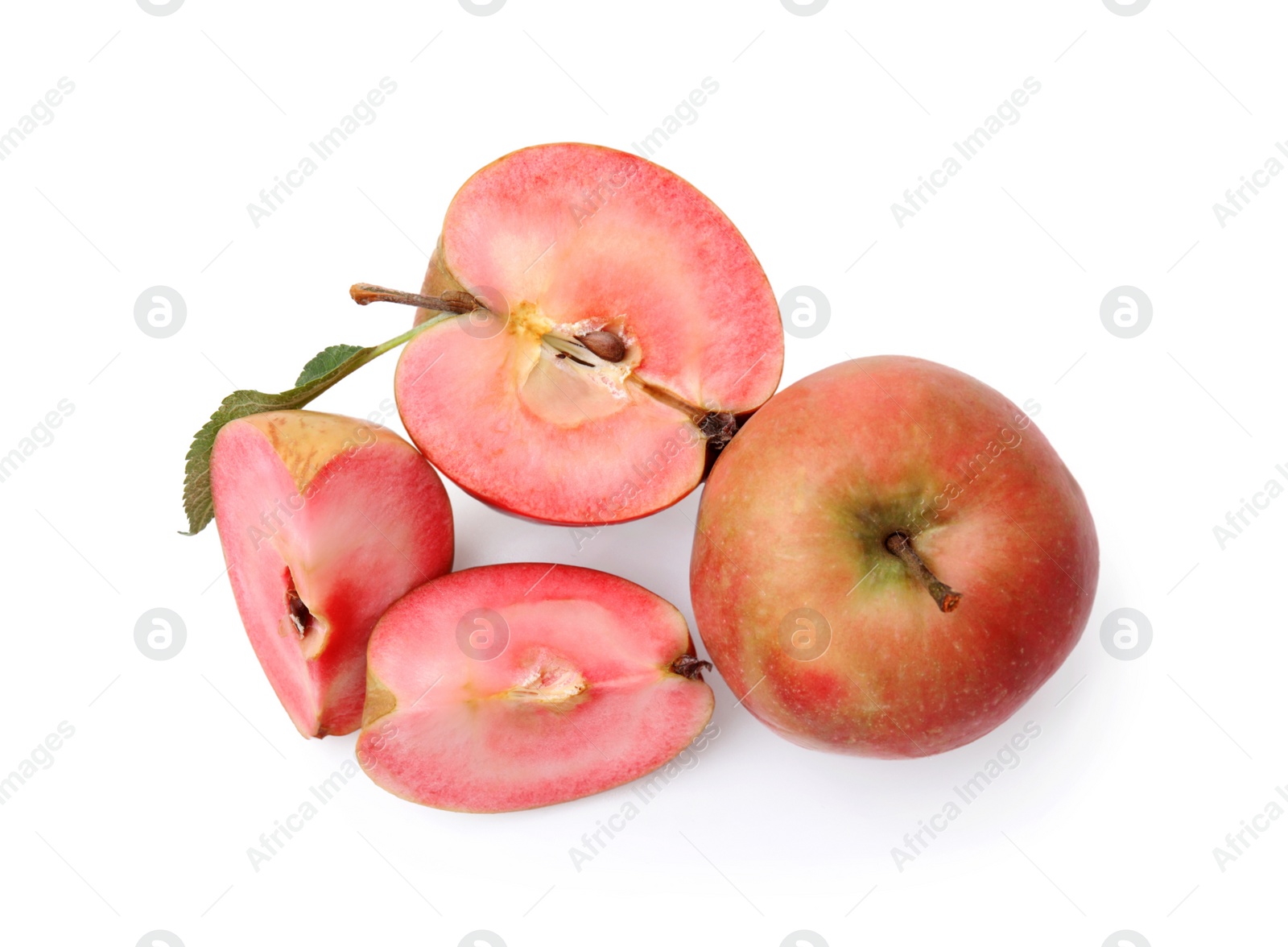 Photo of Tasty apples with red pulp isolated on white, top view