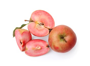 Tasty apples with red pulp isolated on white, top view