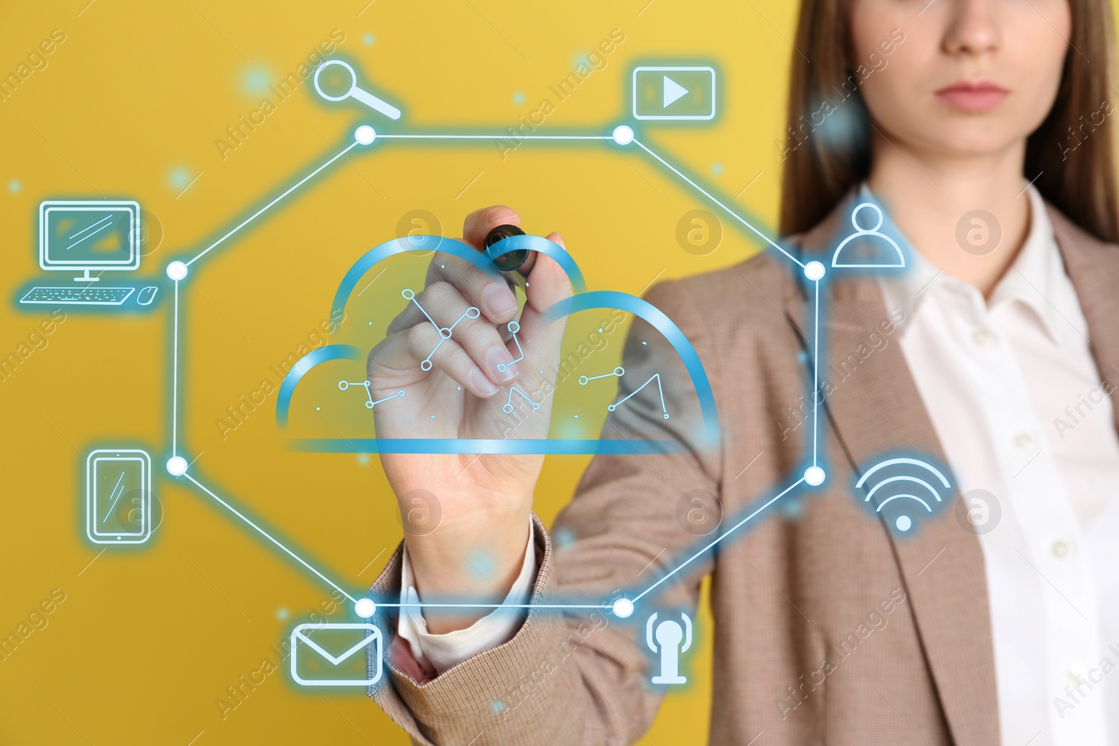 Image of Cloud technology concept. Woman with marker on yellow background, closeup