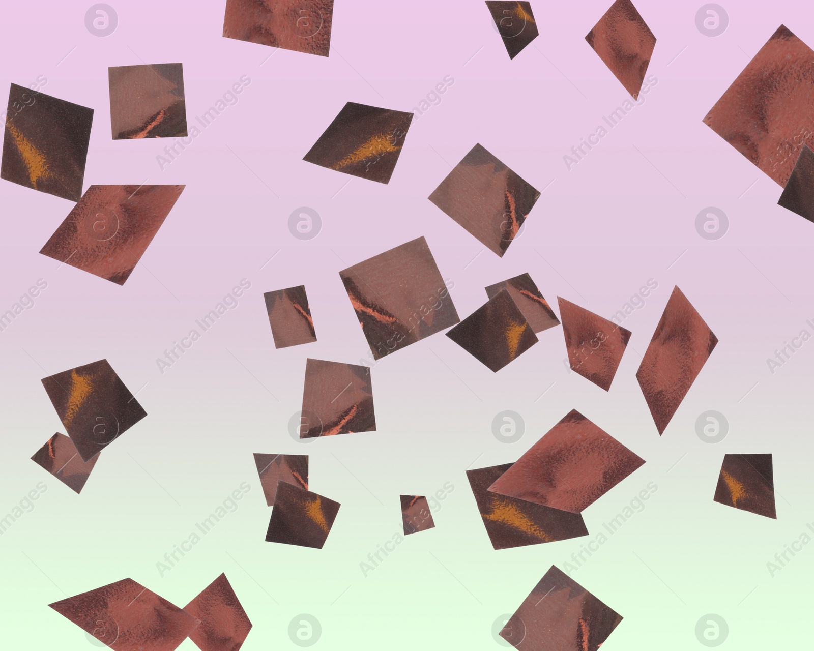 Image of Shiny bronze confetti falling on gradient background