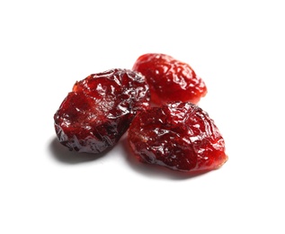 Tasty cranberries on white background. Dried fruit as healthy snack