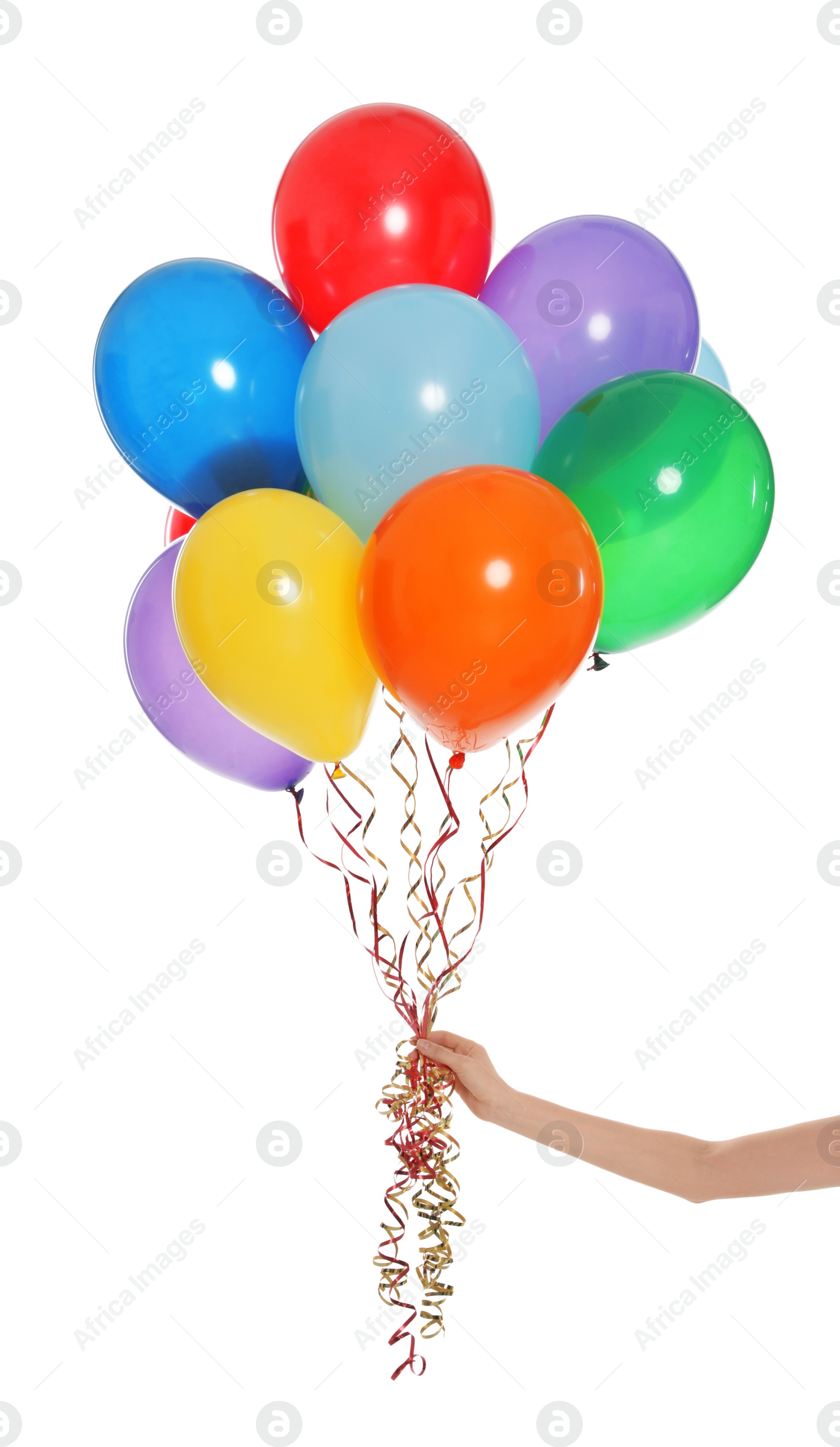 Photo of Woman holding bunch of bright balloons on white background, closeup