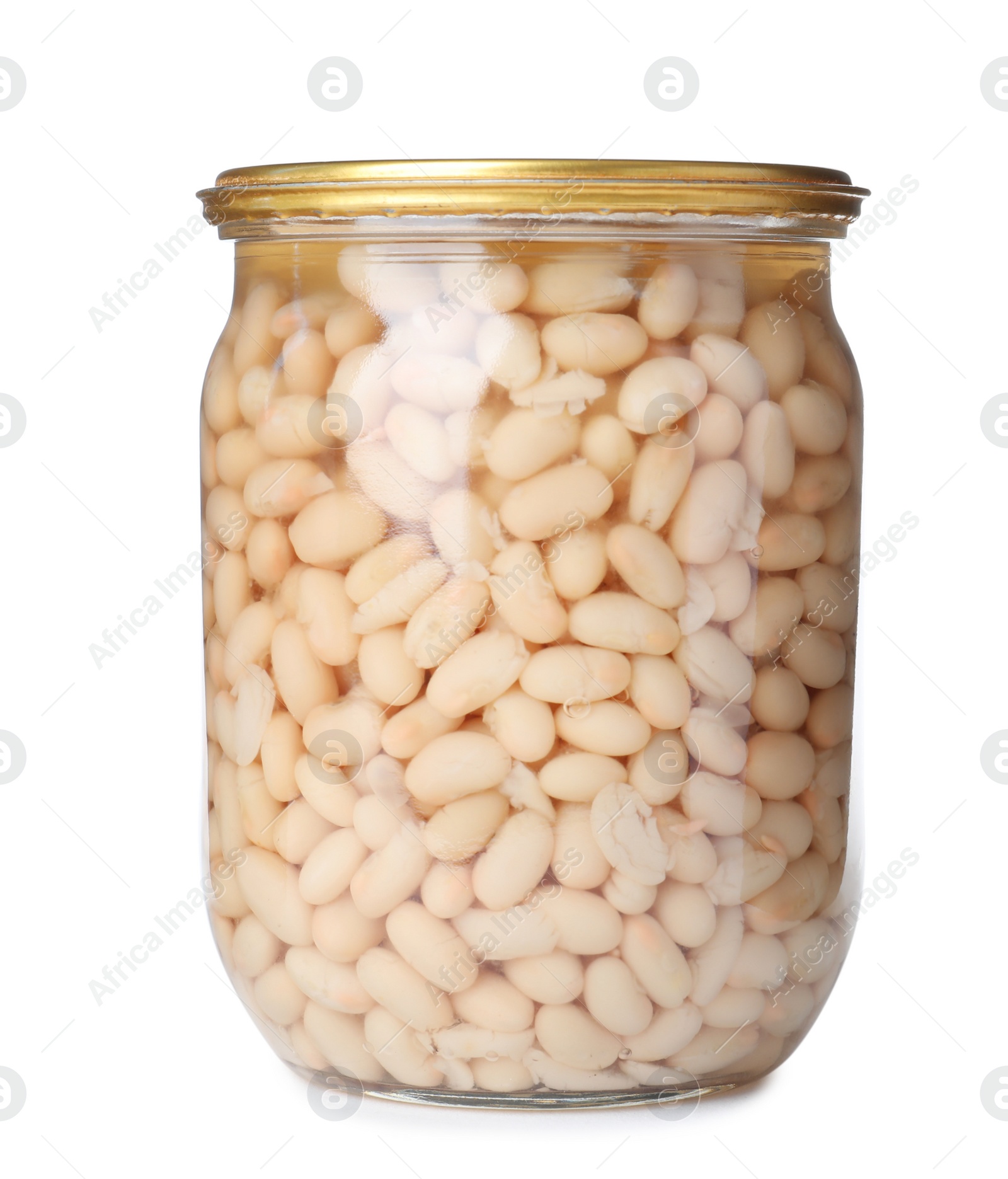 Photo of Glass jar with pickled beans isolated on white