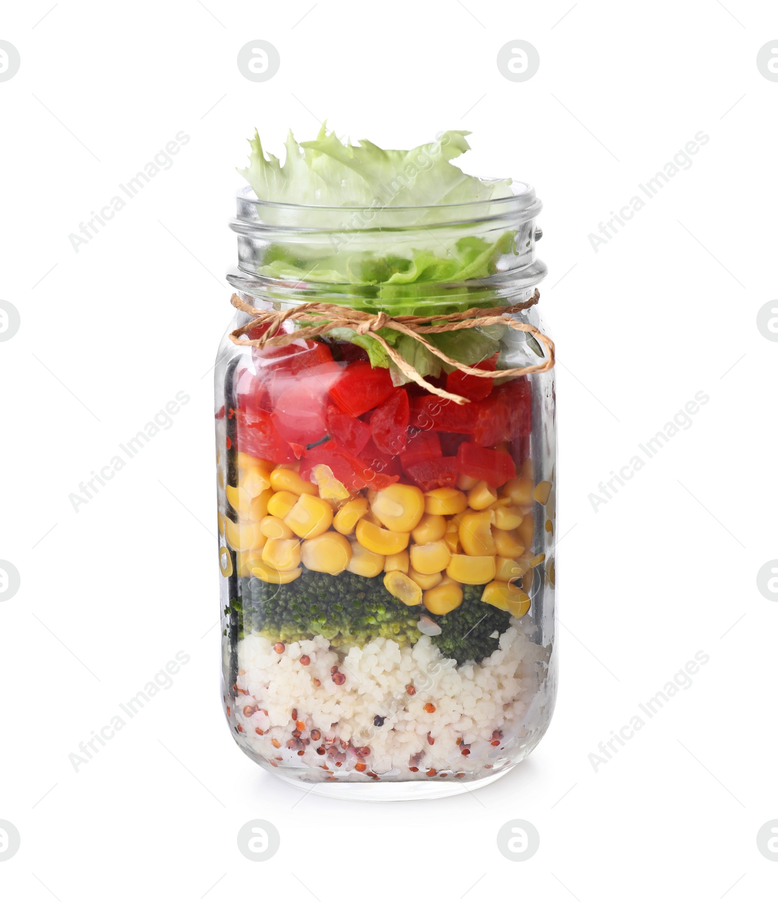 Photo of Glass jar with healthy meal isolated on white