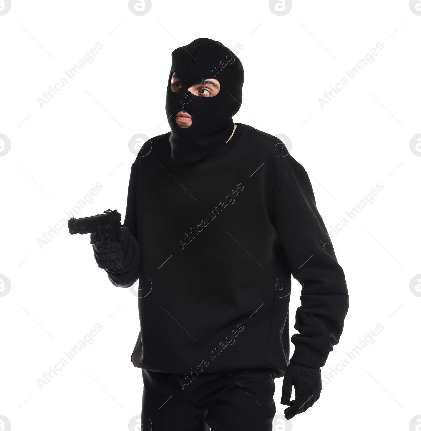 Photo of Thief in balaclava with gun on white background