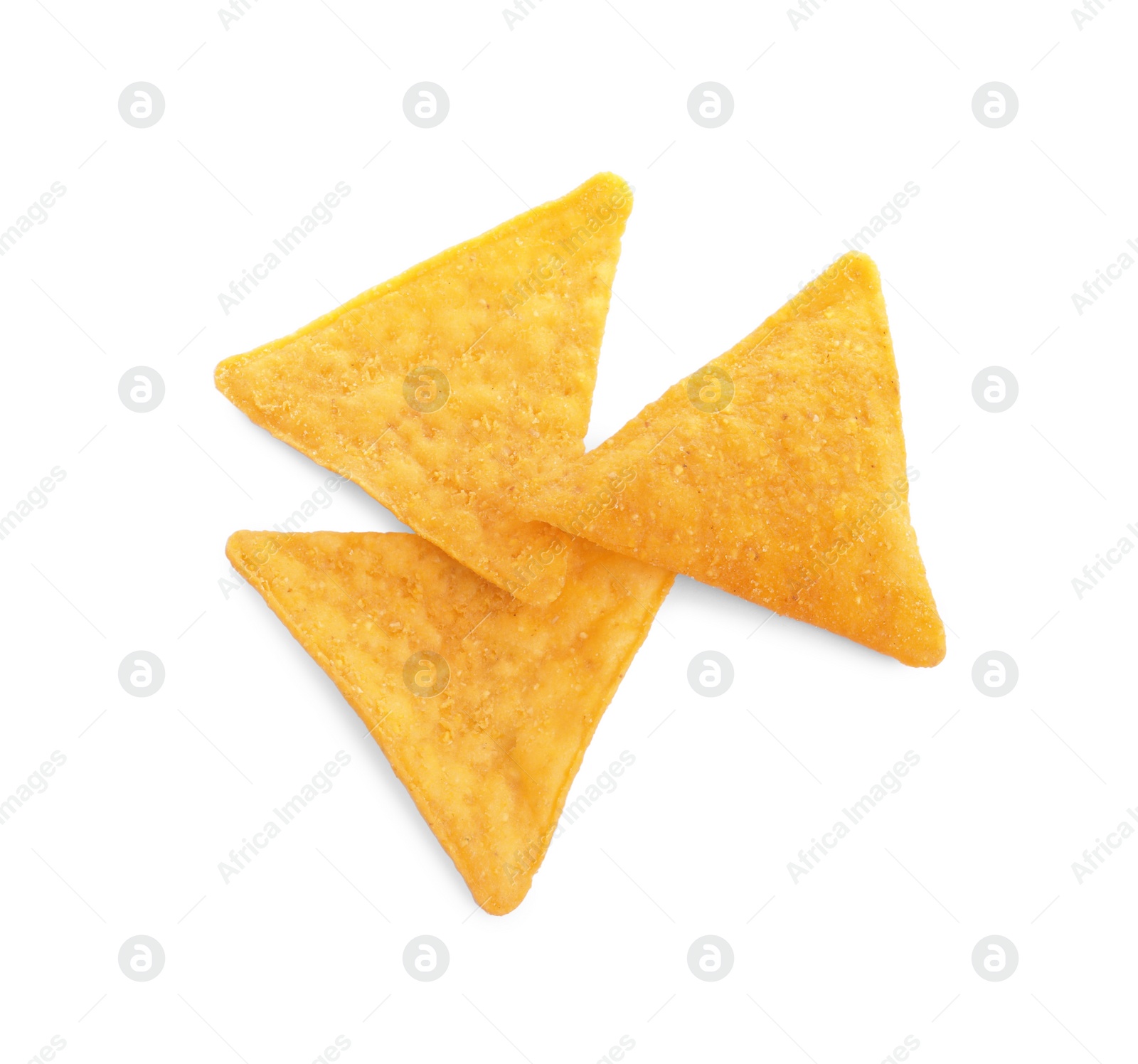 Photo of Tasty tortilla chips (nachos) on white background, top view