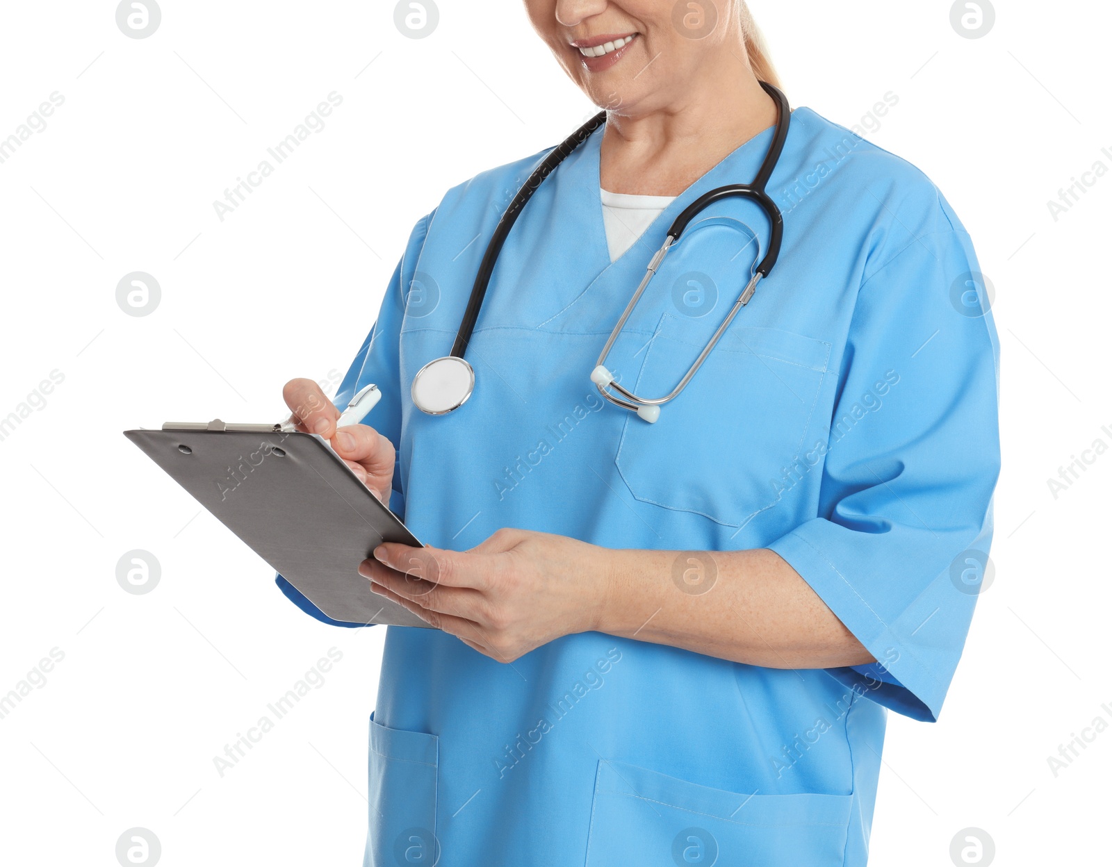 Photo of Mature doctor with clipboard on white background, closeup