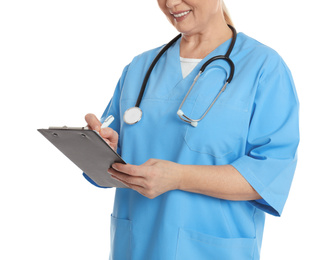 Mature doctor with clipboard on white background, closeup