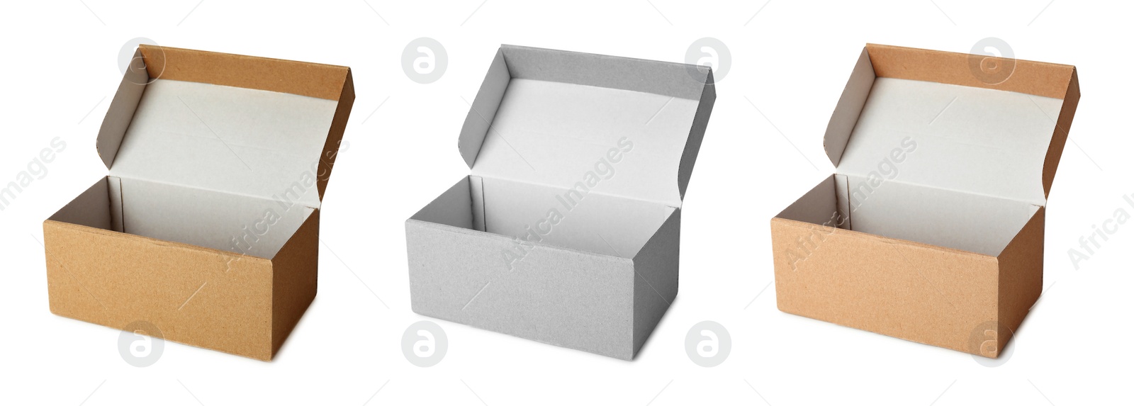 Image of Set of open cardboard boxes on white background. Banner design