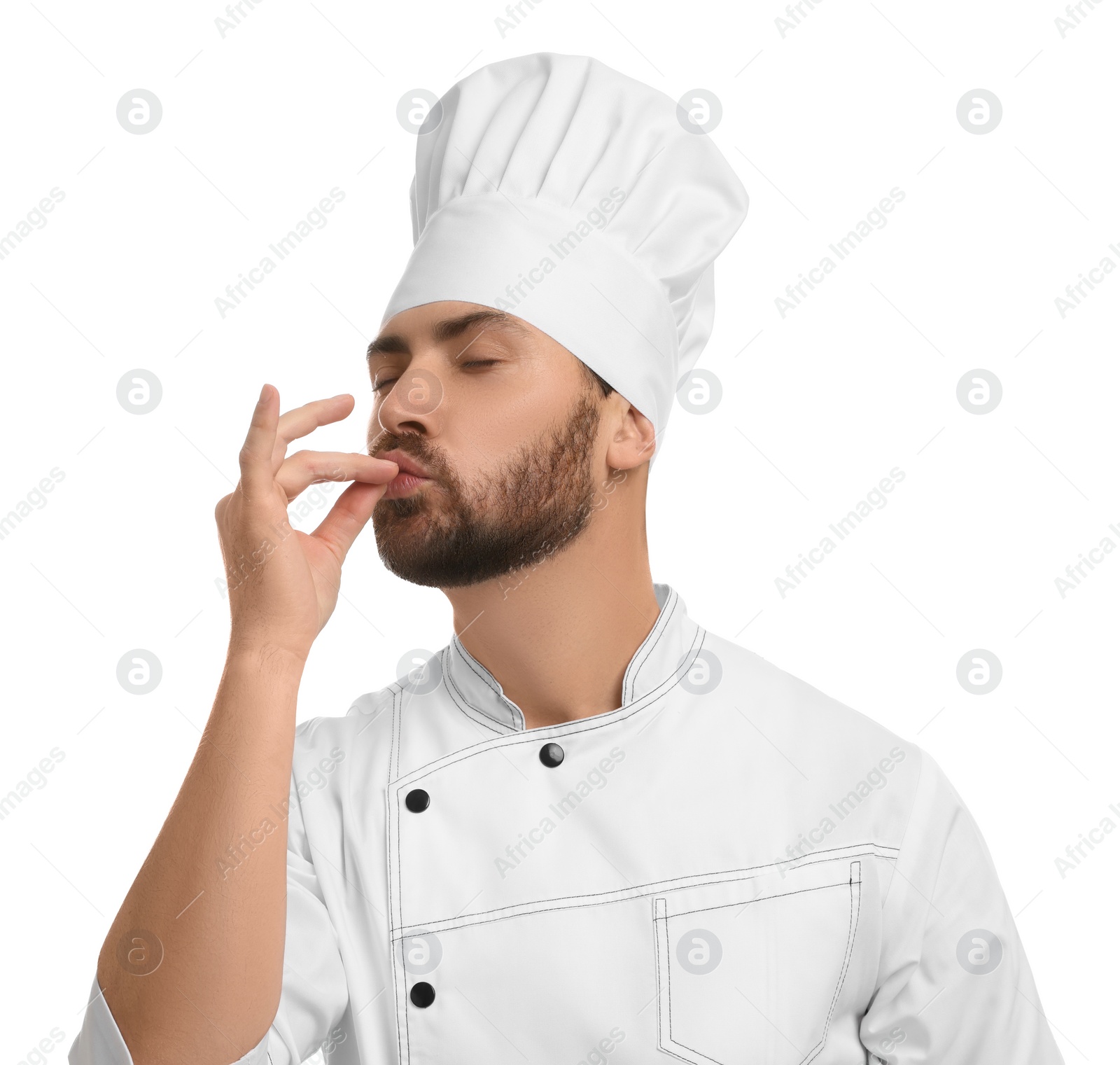 Photo of Mature chef showing delicious gesture on white background