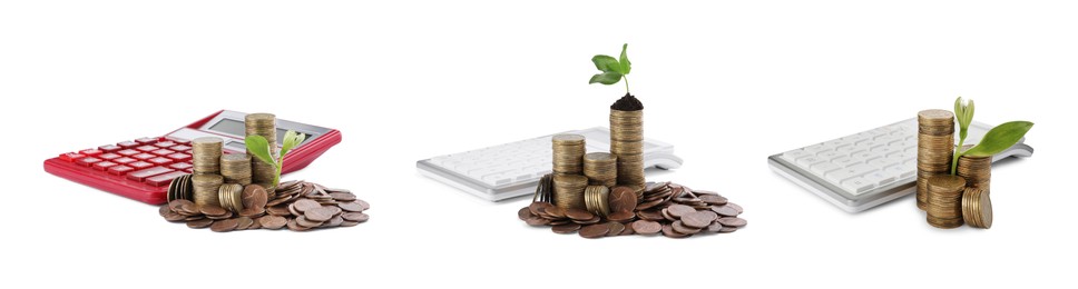 Image of Set with stacks of coins, growing plants and calculators on white background, banner design. Successful investment