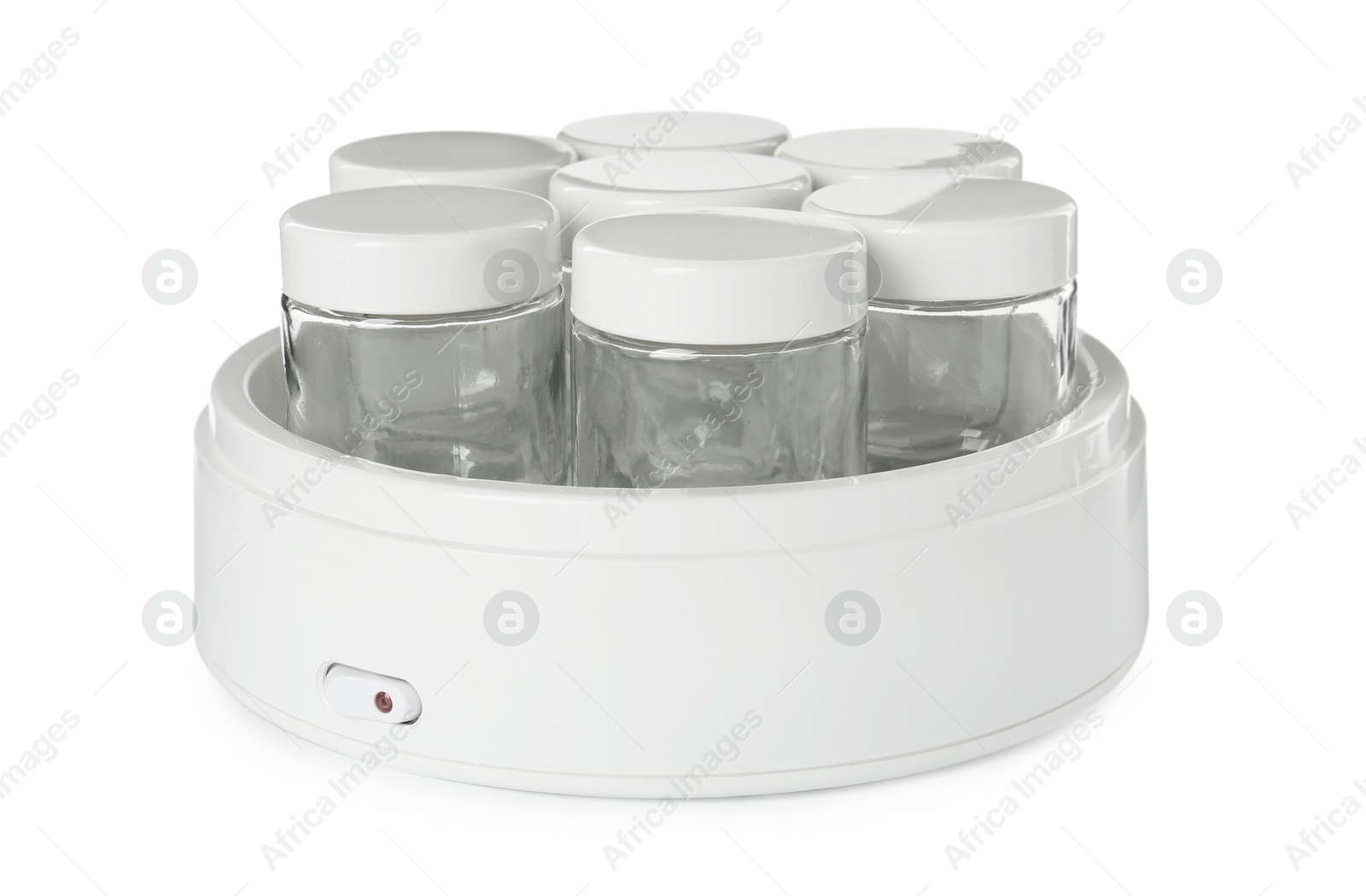 Photo of Modern yogurt maker with empty jars on white background