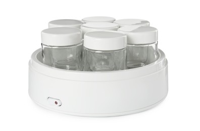 Photo of Modern yogurt maker with empty jars on white background