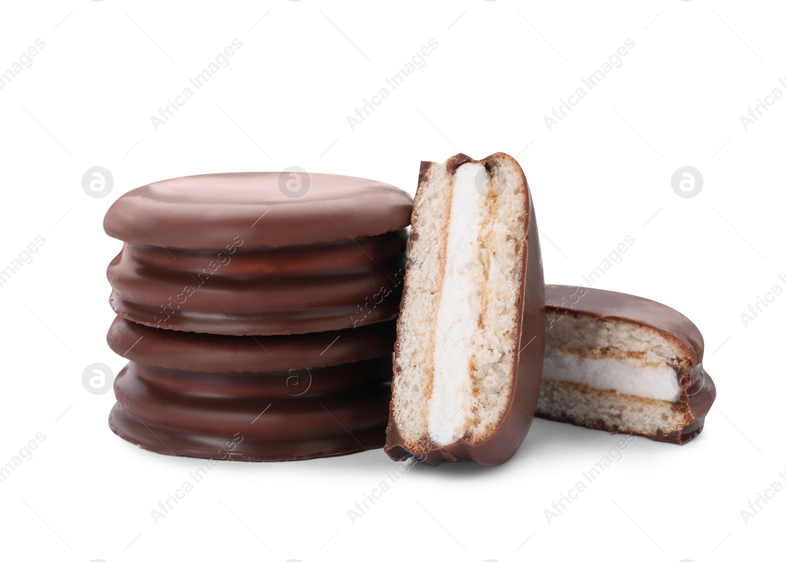 Photo of Delicious choco pies on white background. Classic snack cakes