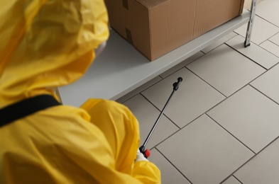 Pest control worker spraying pesticide indoors, closeup