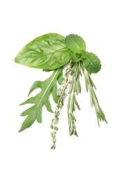 Composition with rosemary and other herbs on white background, top view