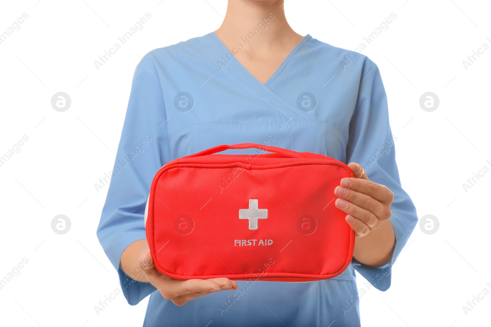 Photo of Female doctor holding first aid kit on white background, closeup. Medical object