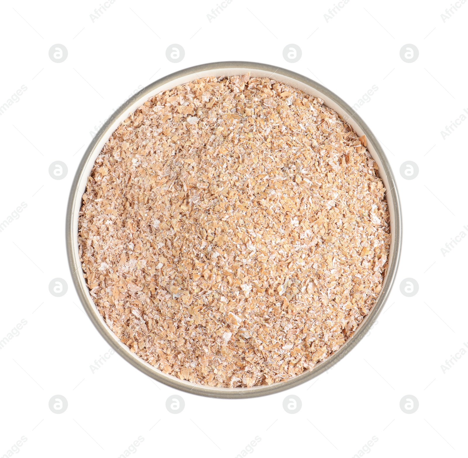 Photo of Wheat bran in bowl on white background, top view