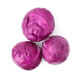 Photo of Whole fresh red cabbages isolated on white, top view