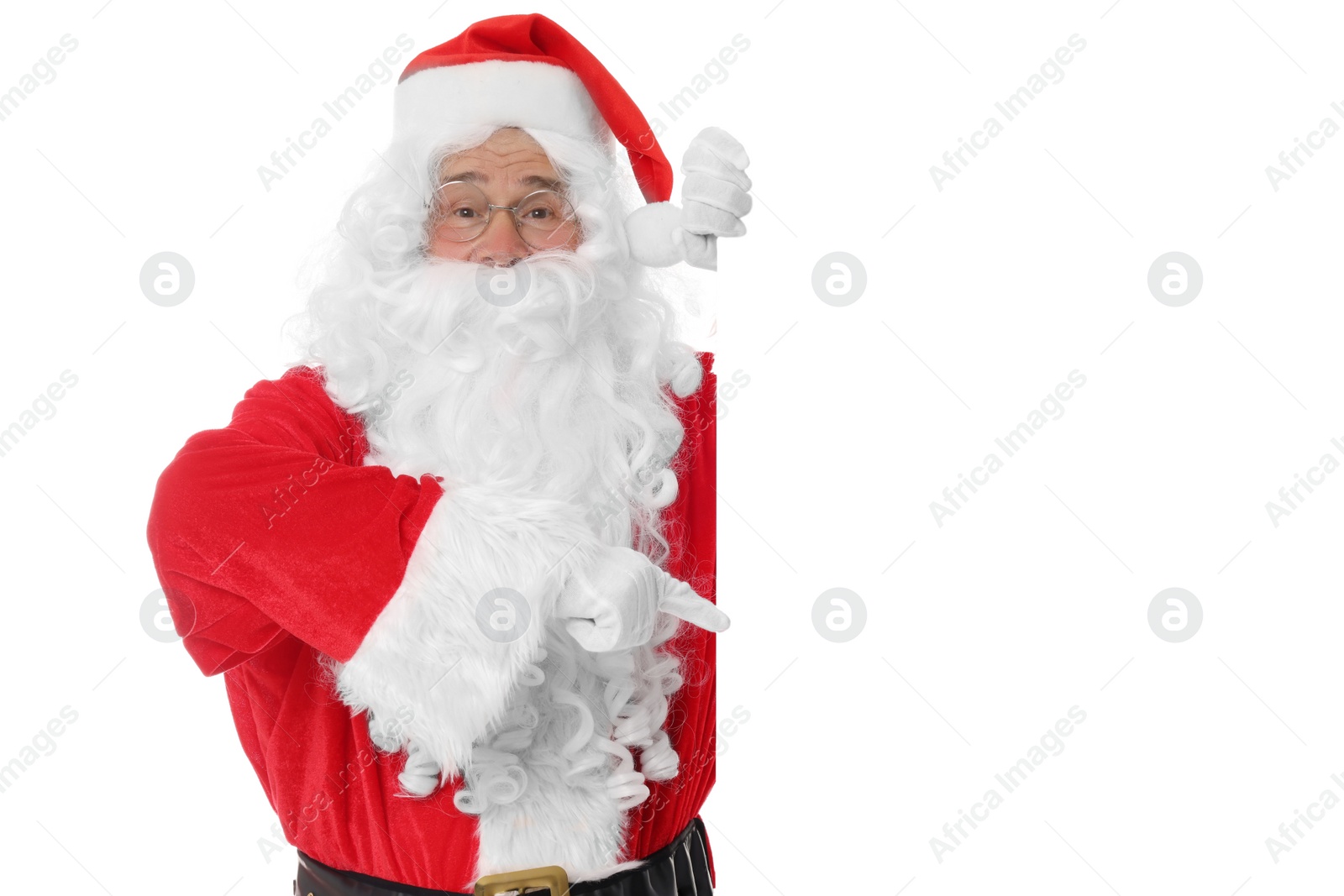 Photo of Man in Santa Claus costume posing and pointing on white background