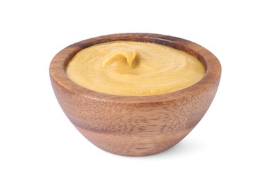 Photo of Fresh tasty mustard sauce in wooden bowl isolated on white