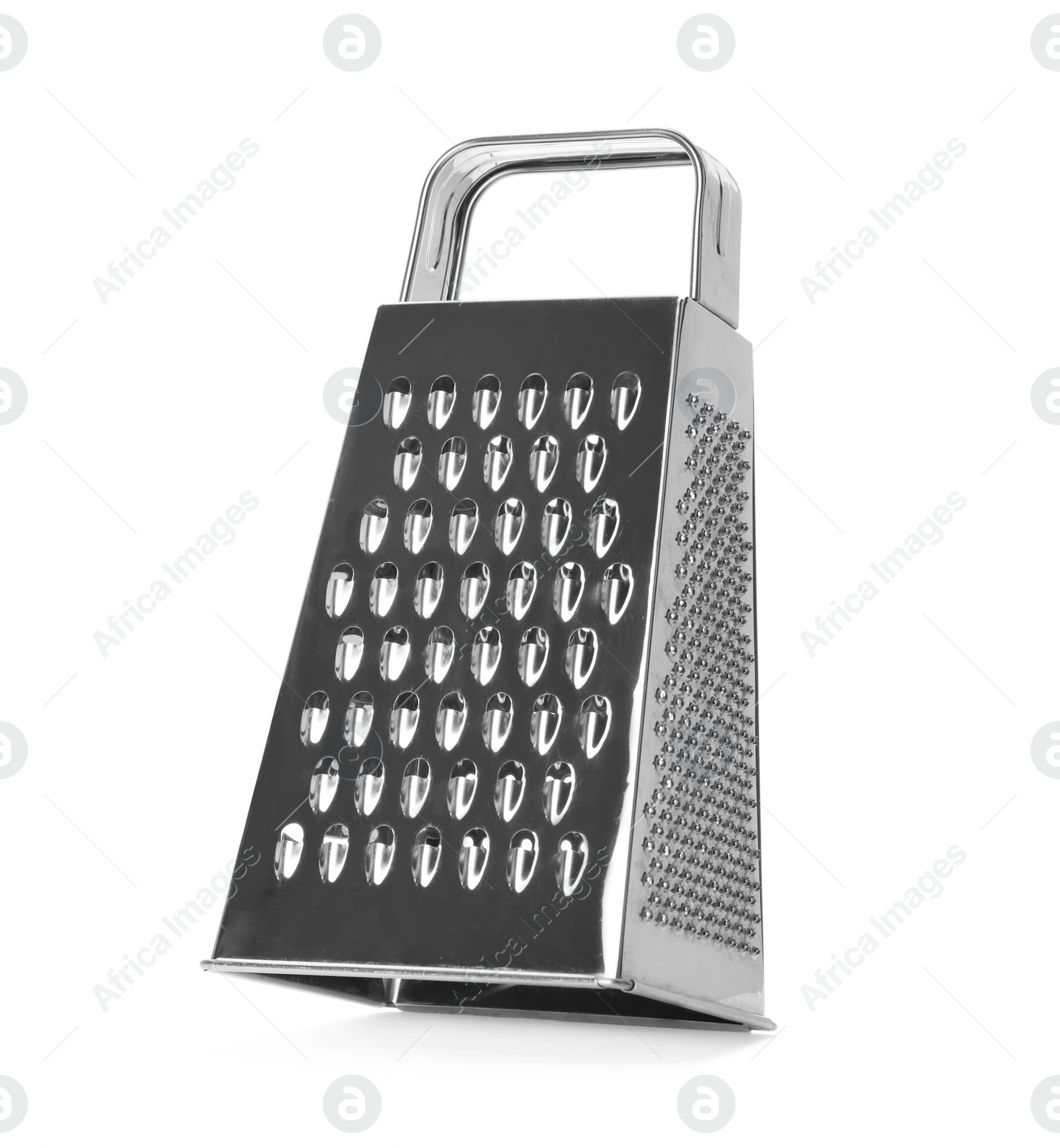 Photo of Stainless steel grater on white background. Kitchen utensil