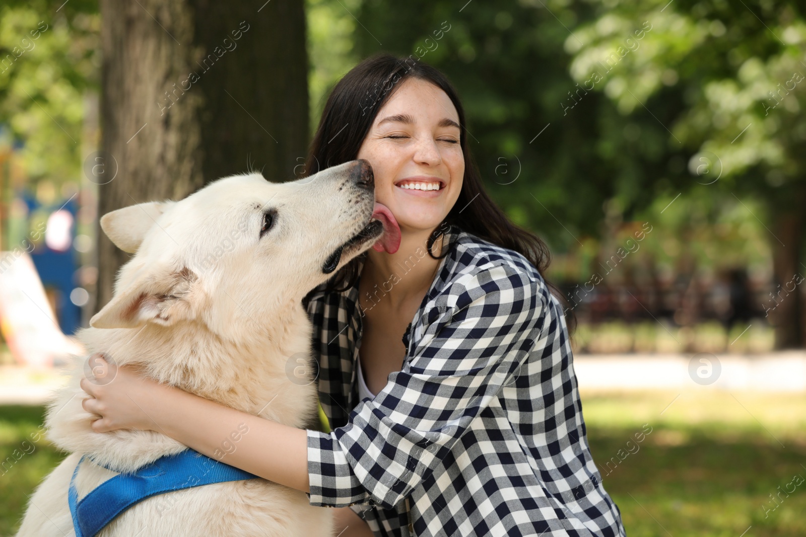 Photo of Teenage girl with her white Swiss Shepherd dog in park