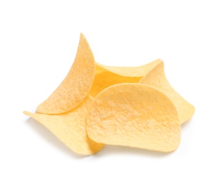 Photo of Tasty crispy potato chips on white background