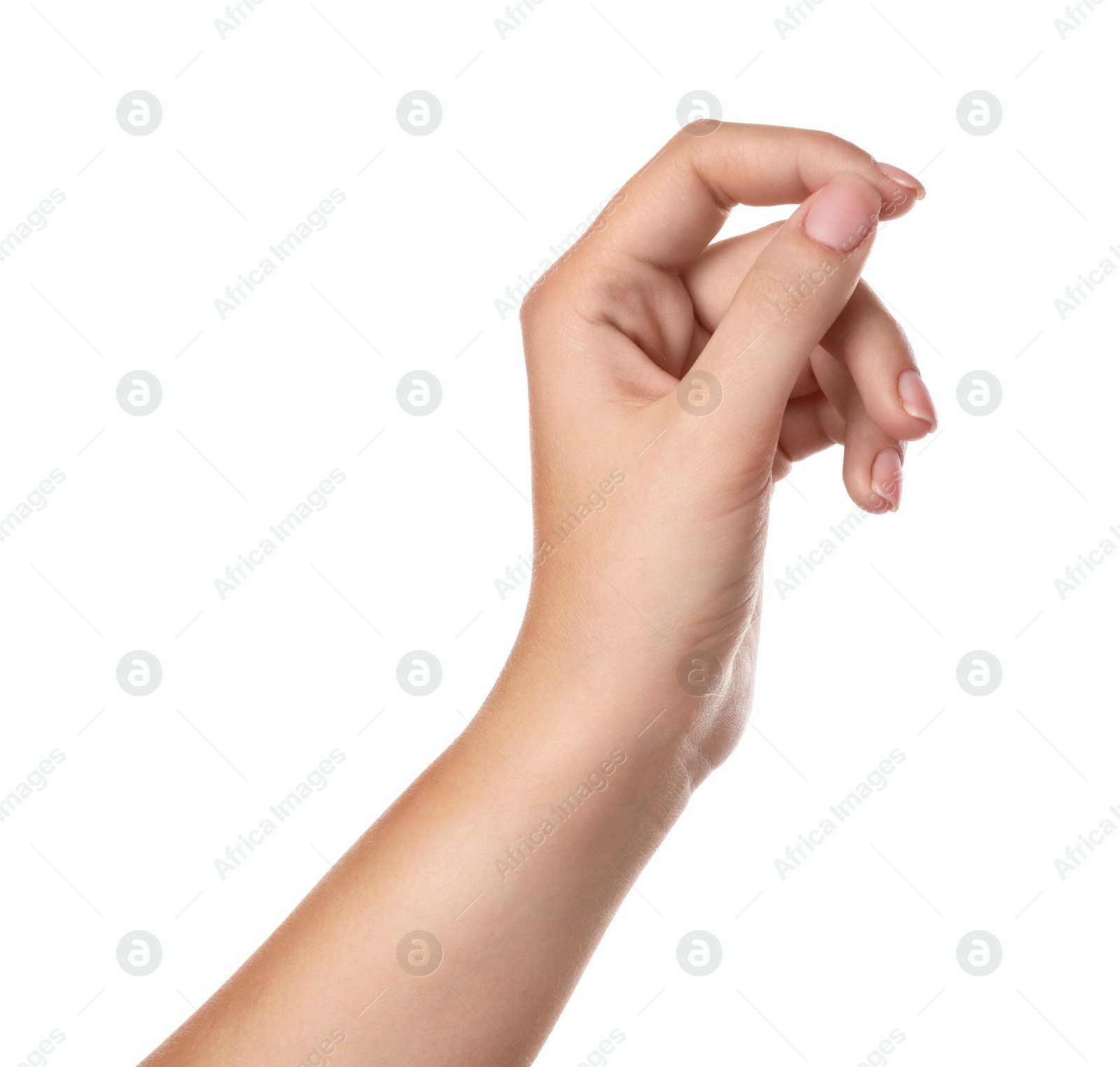 Photo of Woman holding something on white background, closeup of hand