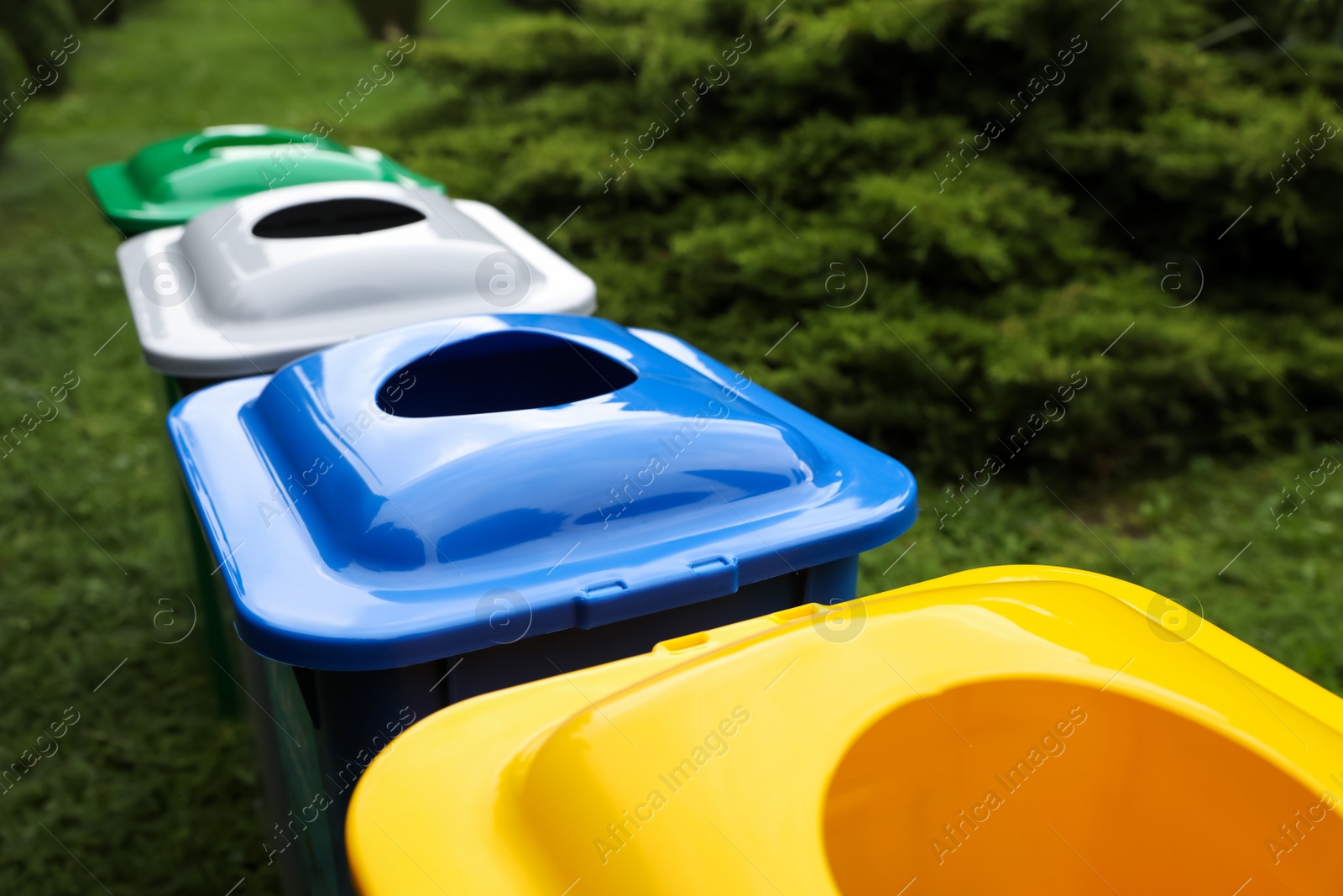 Photo of Many color recycling bins on green grass outdoors, closeup