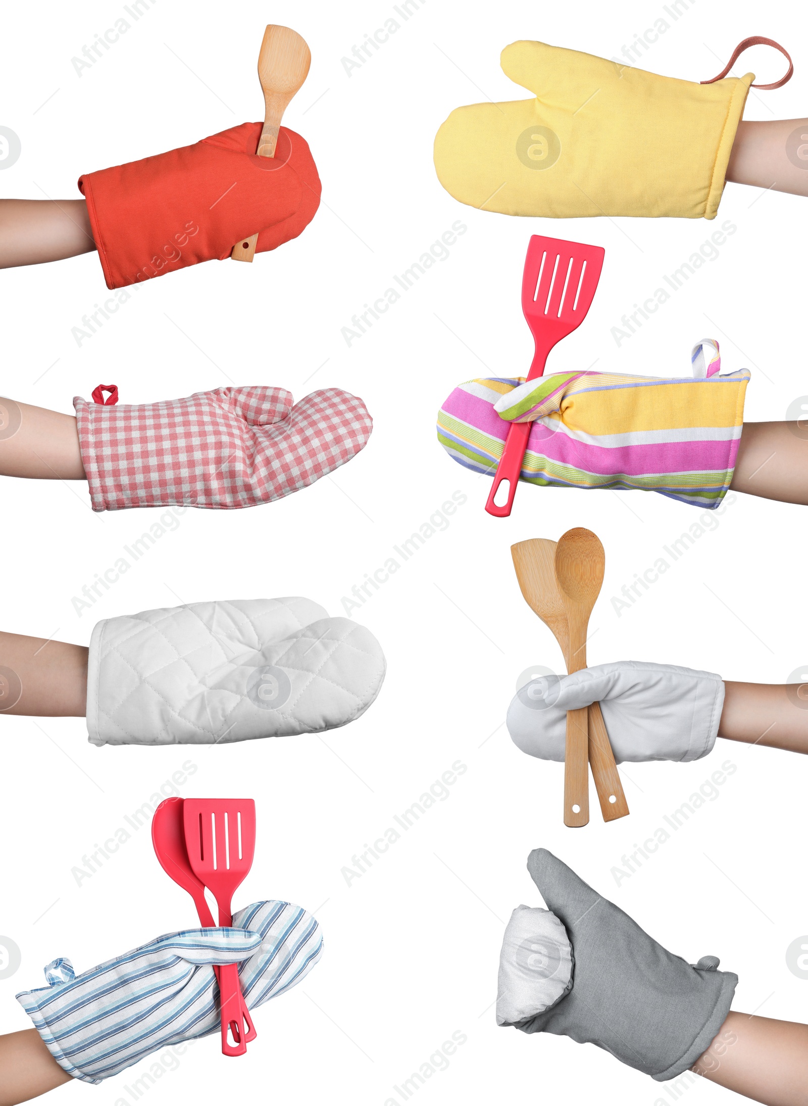 Image of Closeup view of chefs in oven gloves holding utensils, collage 